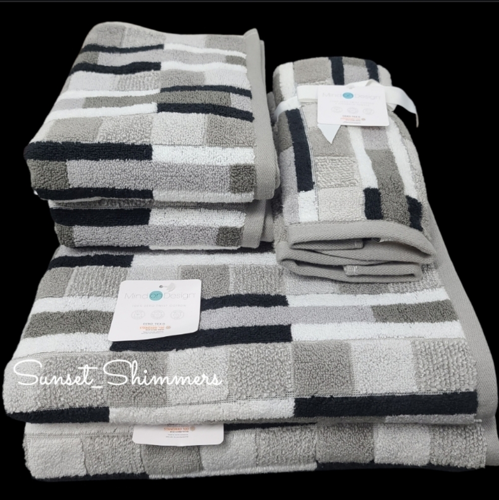 8 Mind on Design Color Block Zero Twist Cotton Bath Hand Washcloth Towel Set NEW